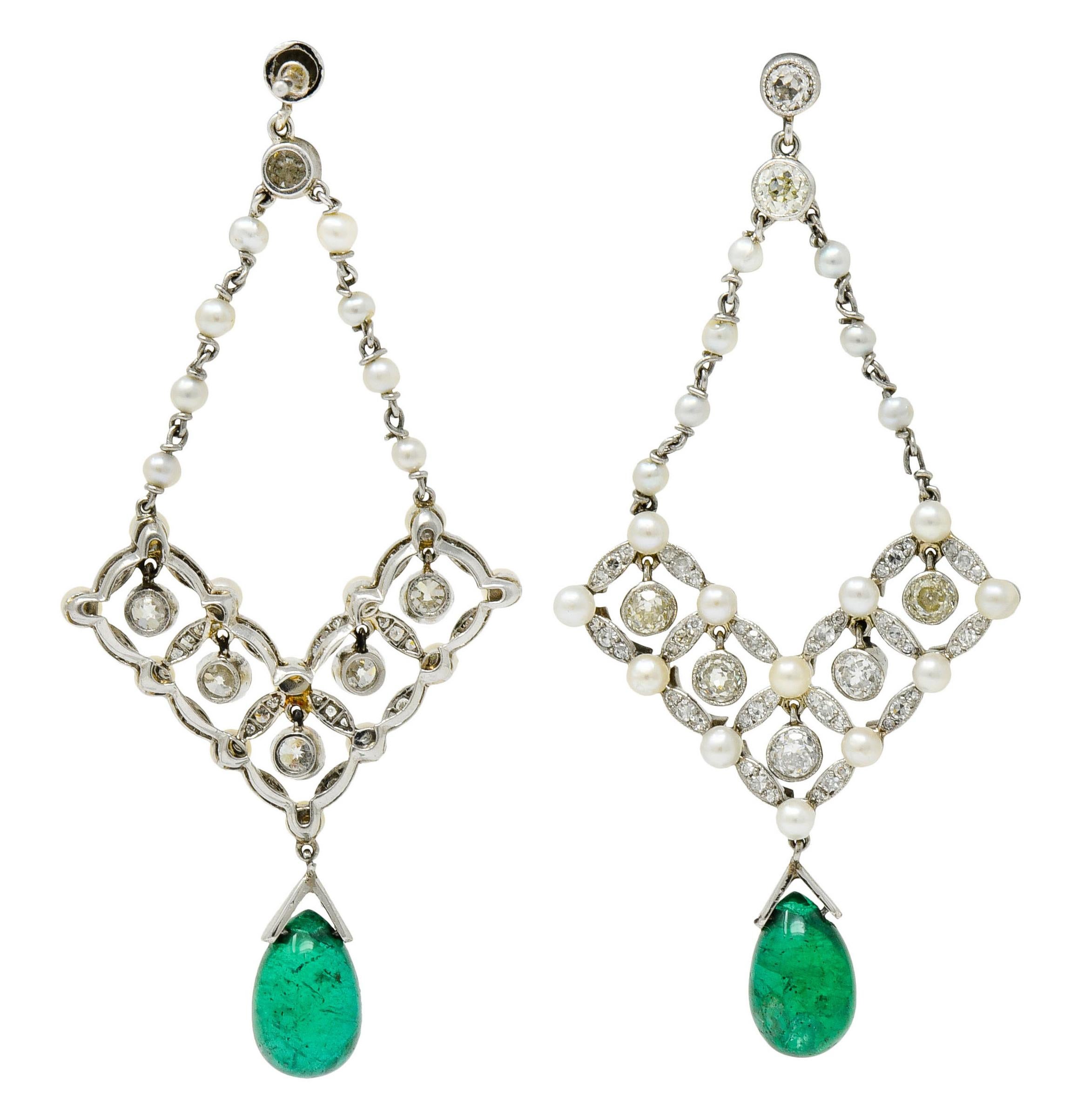 Art Deco Diamond Emerald Natural Seed Pearl Platinum Chandelier Earrings 2