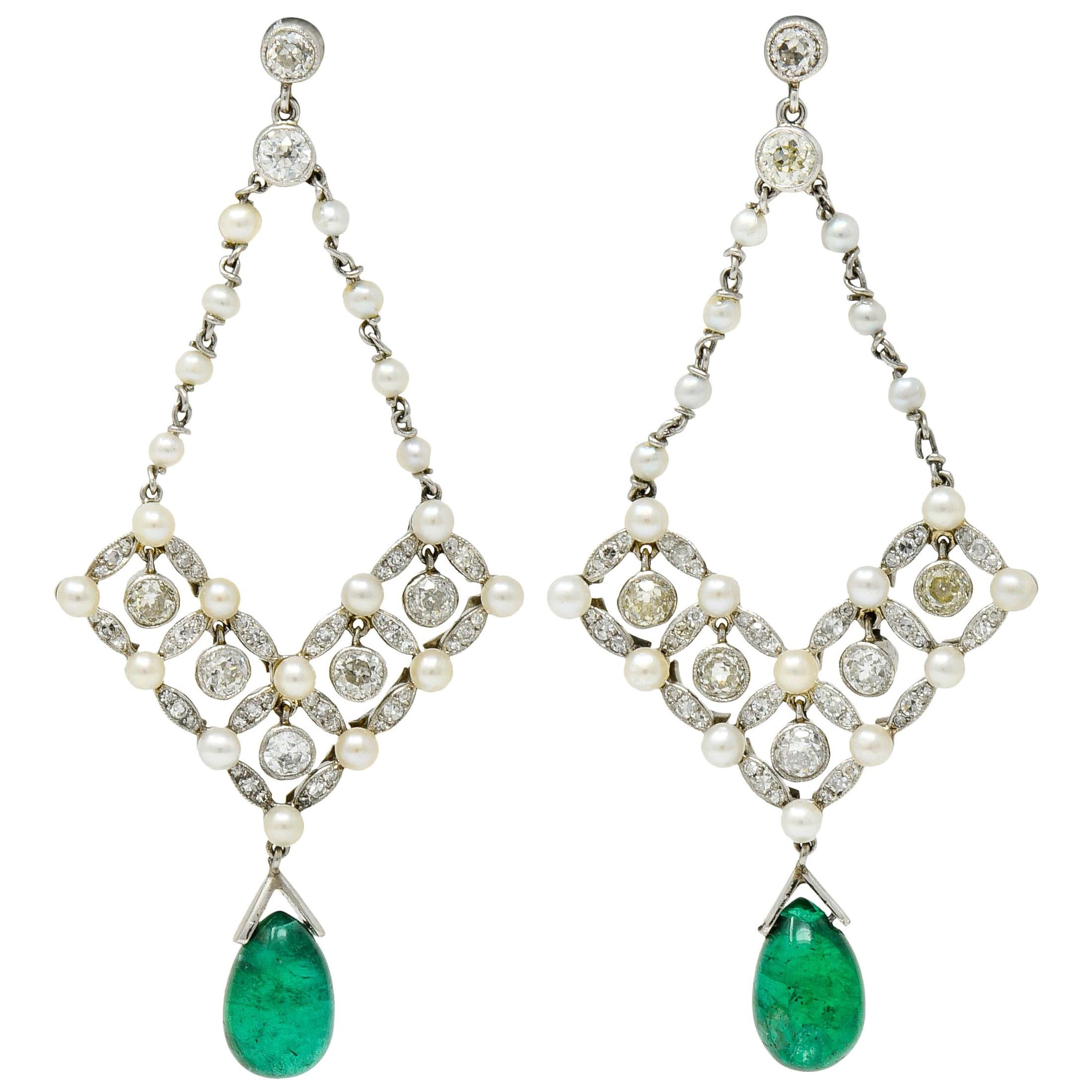 Art Deco Diamond Emerald Natural Seed Pearl Platinum Chandelier Earrings