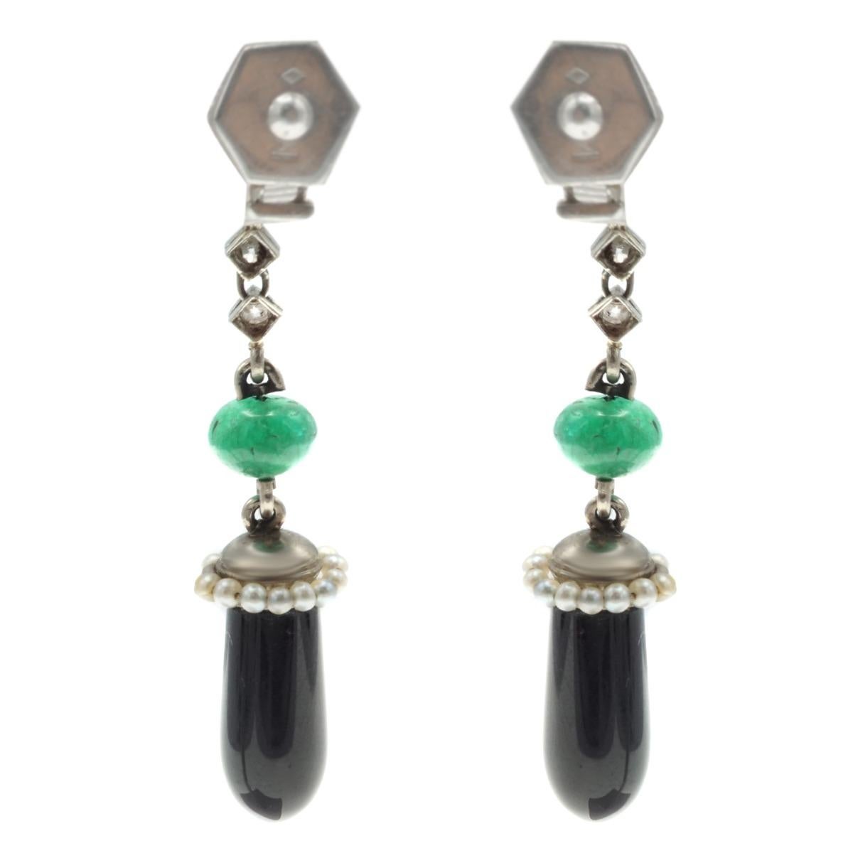 Women's Art Deco Style Diamond Emerald Onyx 18 Karat Gold Earrings For Sale