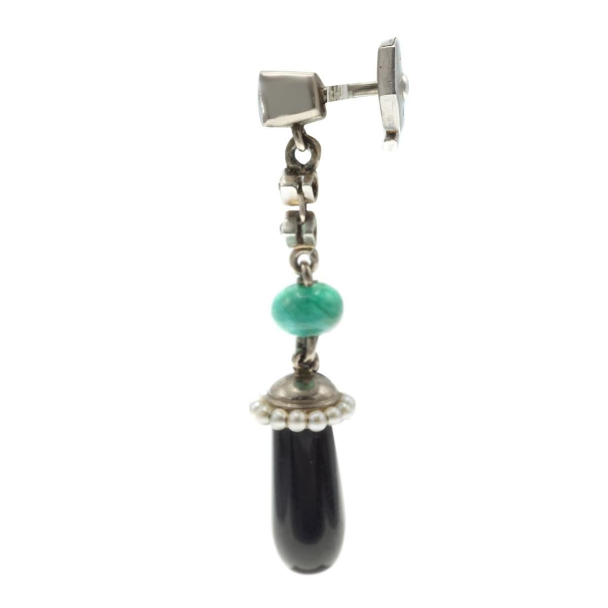 Art Deco Style Diamond Emerald Onyx 18 Karat Gold Earrings For Sale 2