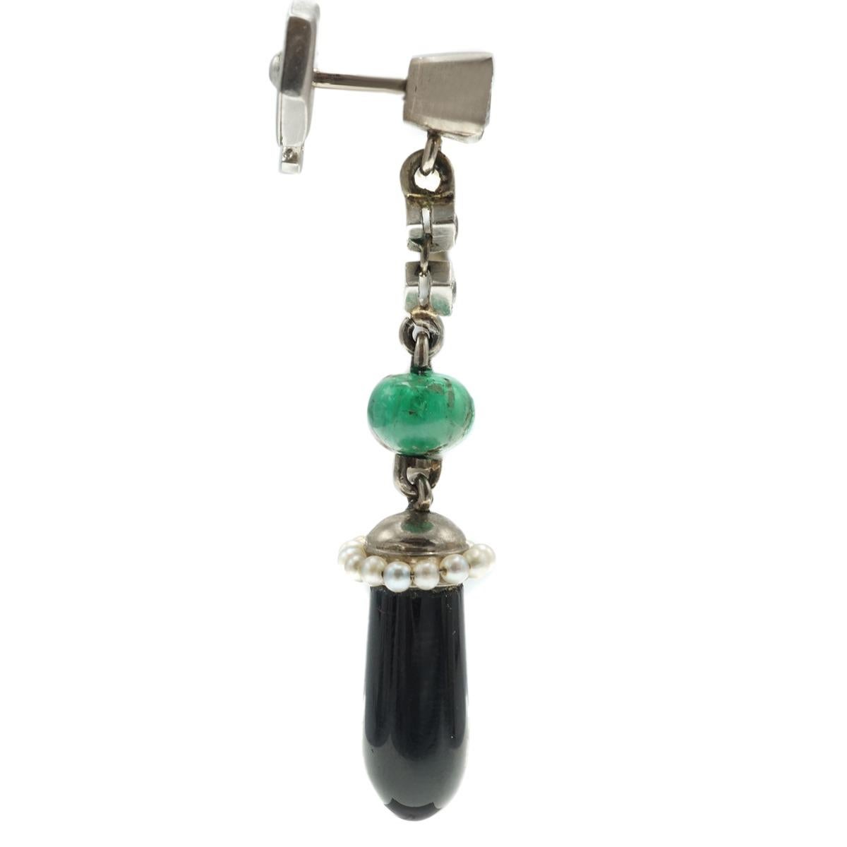 Art Deco Style Diamond Emerald Onyx 18 Karat Gold Earrings For Sale 3