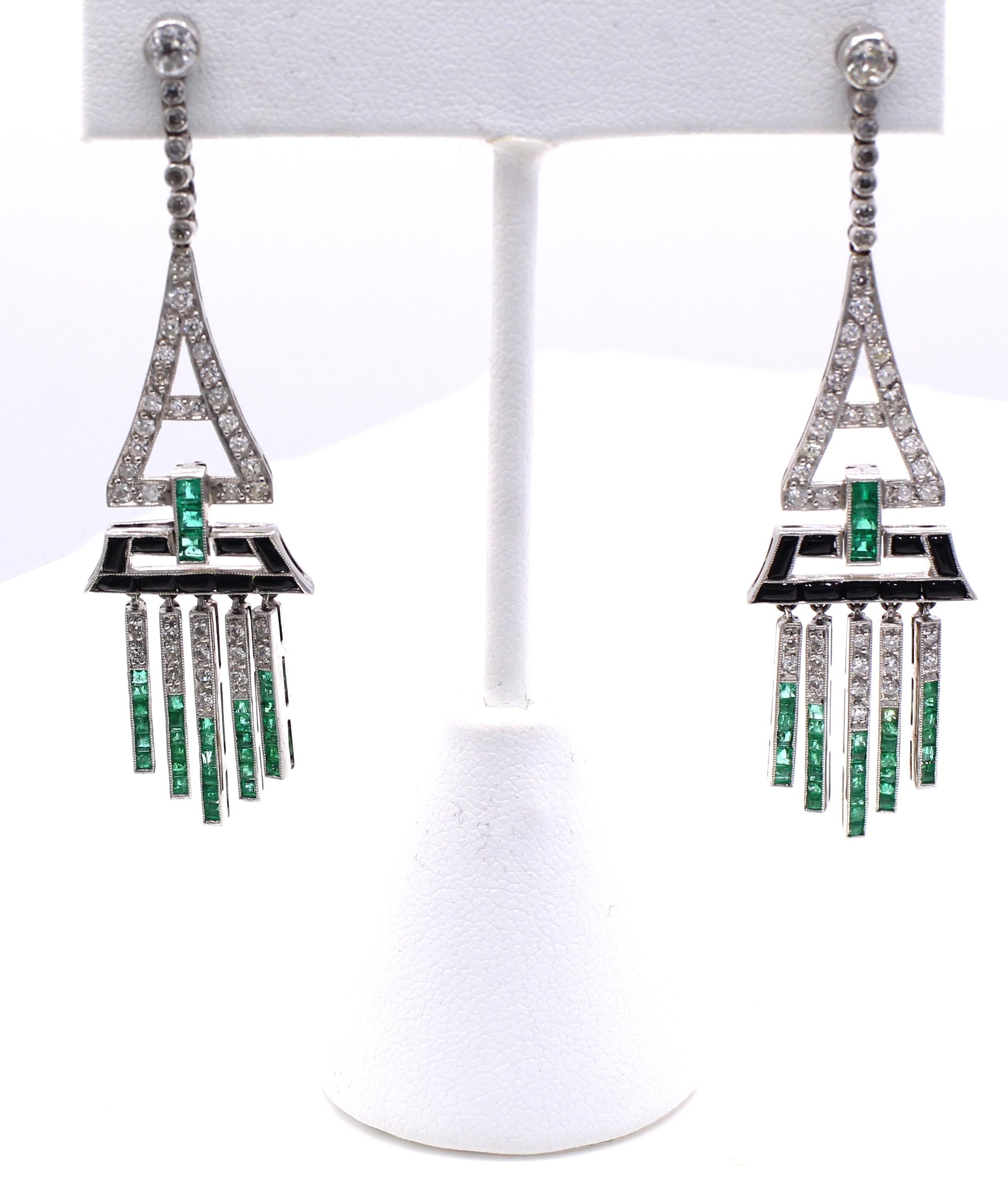 Mixed Cut Art Deco Diamond Emerald Onyx Earrings For Sale