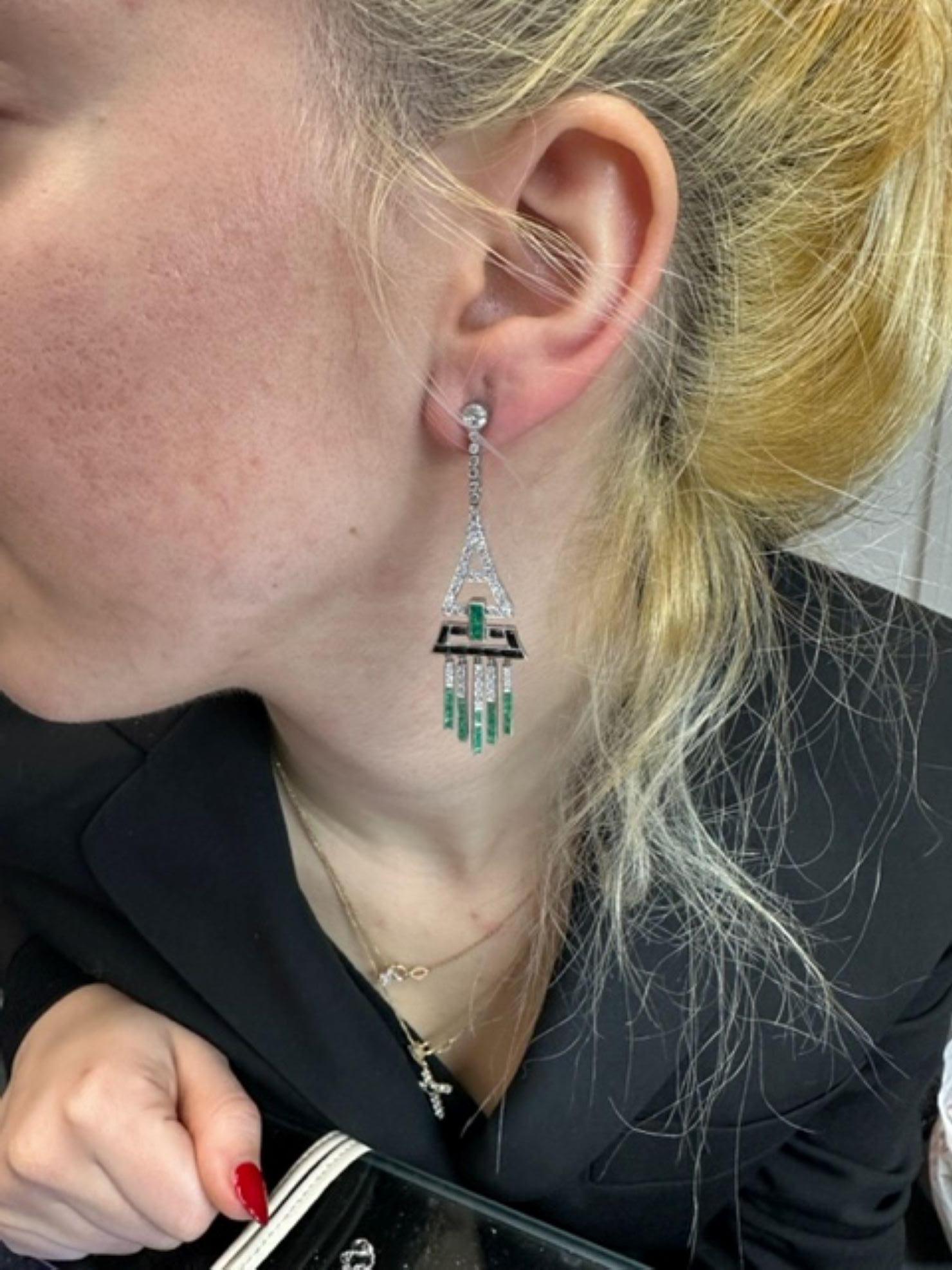 Women's or Men's Art Deco Diamond Emerald Onyx Earrings For Sale