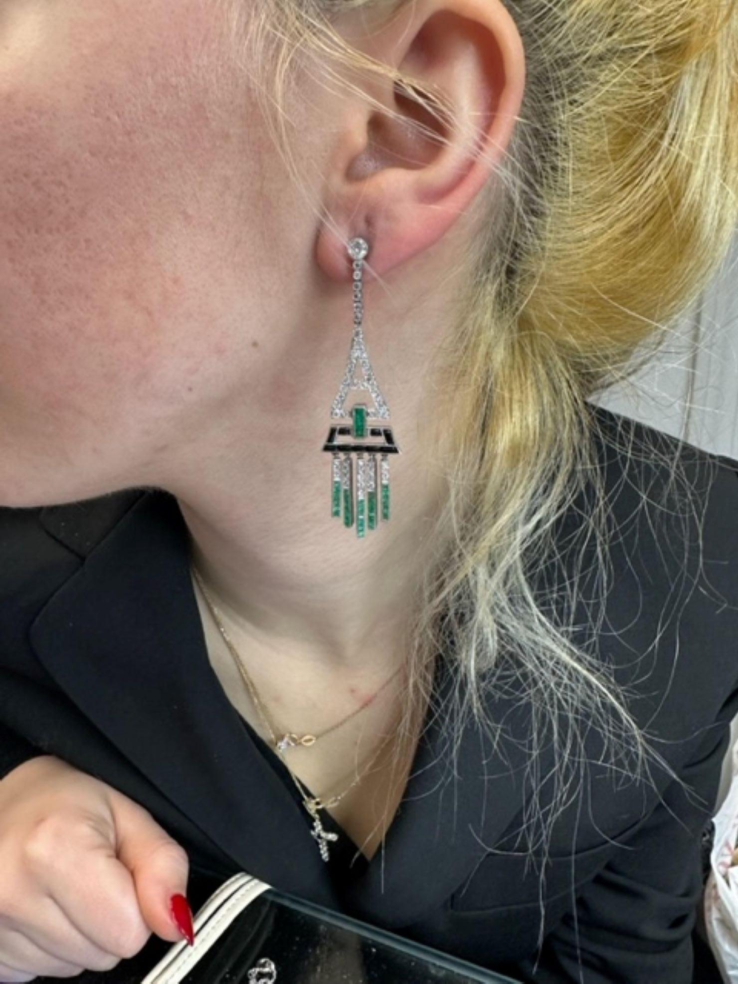 Art Deco Diamond Emerald Onyx Earrings For Sale 1