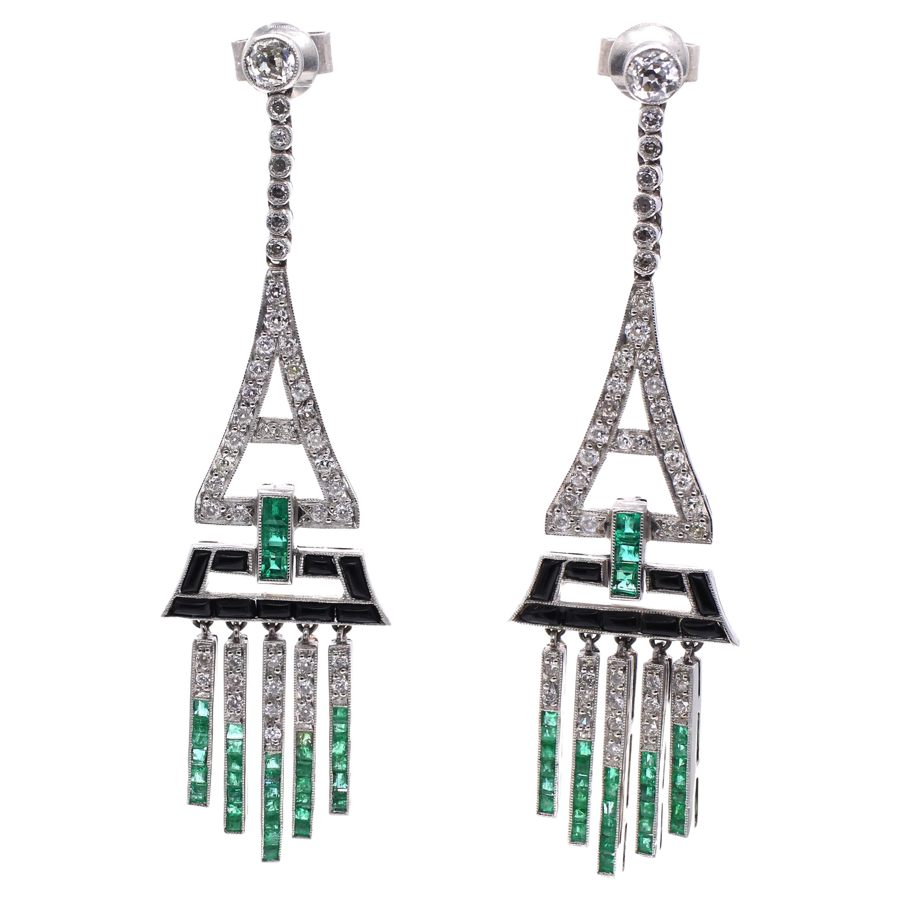 Art Deco Diamond Emerald Onyx Earrings