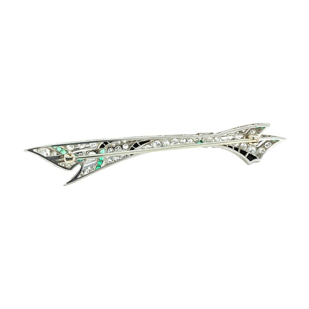 Art Deco Diamond Emerald Onyx Platinum Bow Brooch In Good Condition In Los Angeles, CA