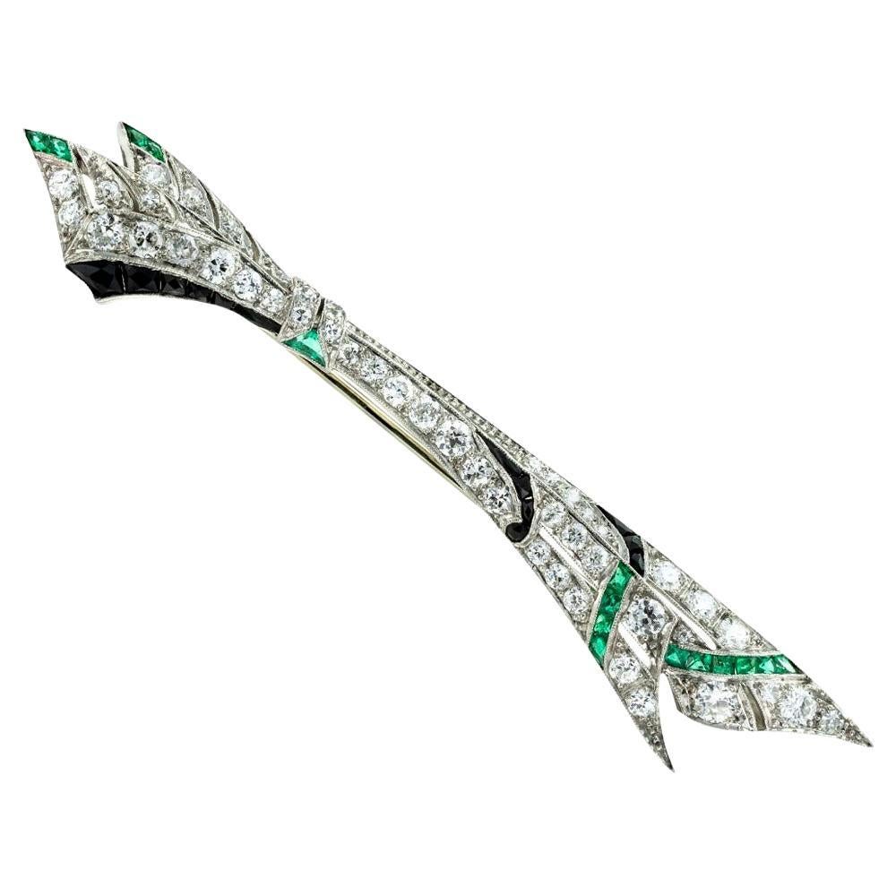 Art Deco Diamond Emerald Onyx Platinum Bow Brooch