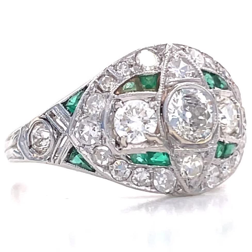 Art Deco Diamond Emerald Platinum Bombe Ring In Excellent Condition In Beverly Hills, CA