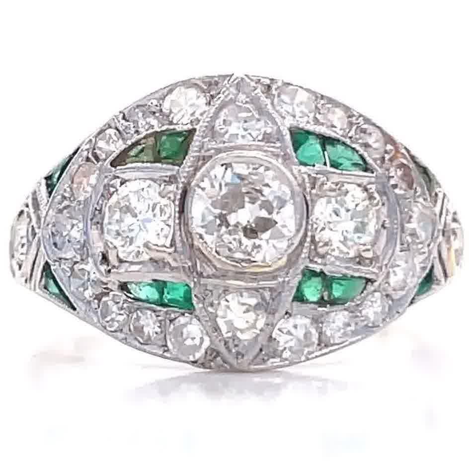 Women's Art Deco Diamond Emerald Platinum Bombe Ring