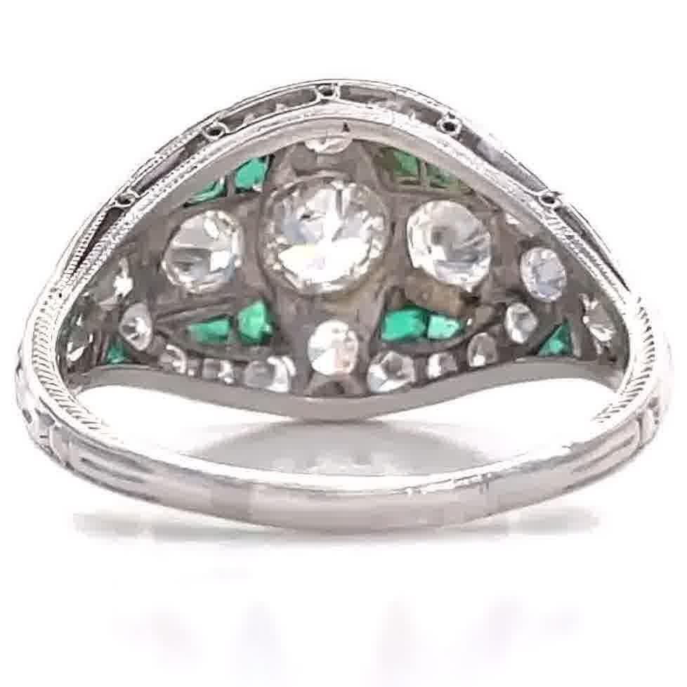 Art Deco Diamond Emerald Platinum Bombe Ring 1