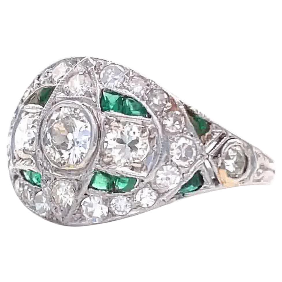 Art Deco Diamond Emerald Platinum Bombe Ring