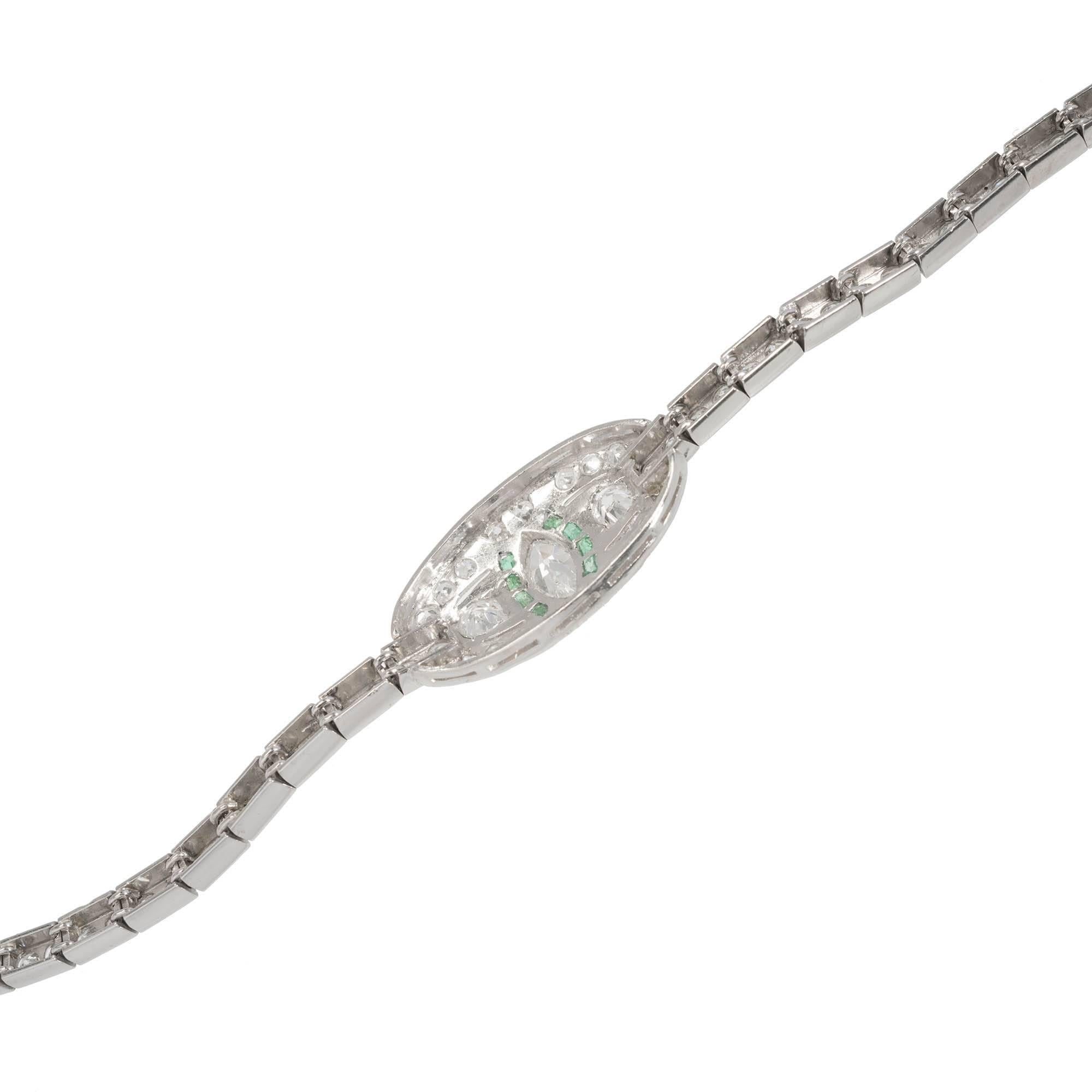 Marquise Cut Art Deco Diamond Emerald Platinum Bracelet For Sale