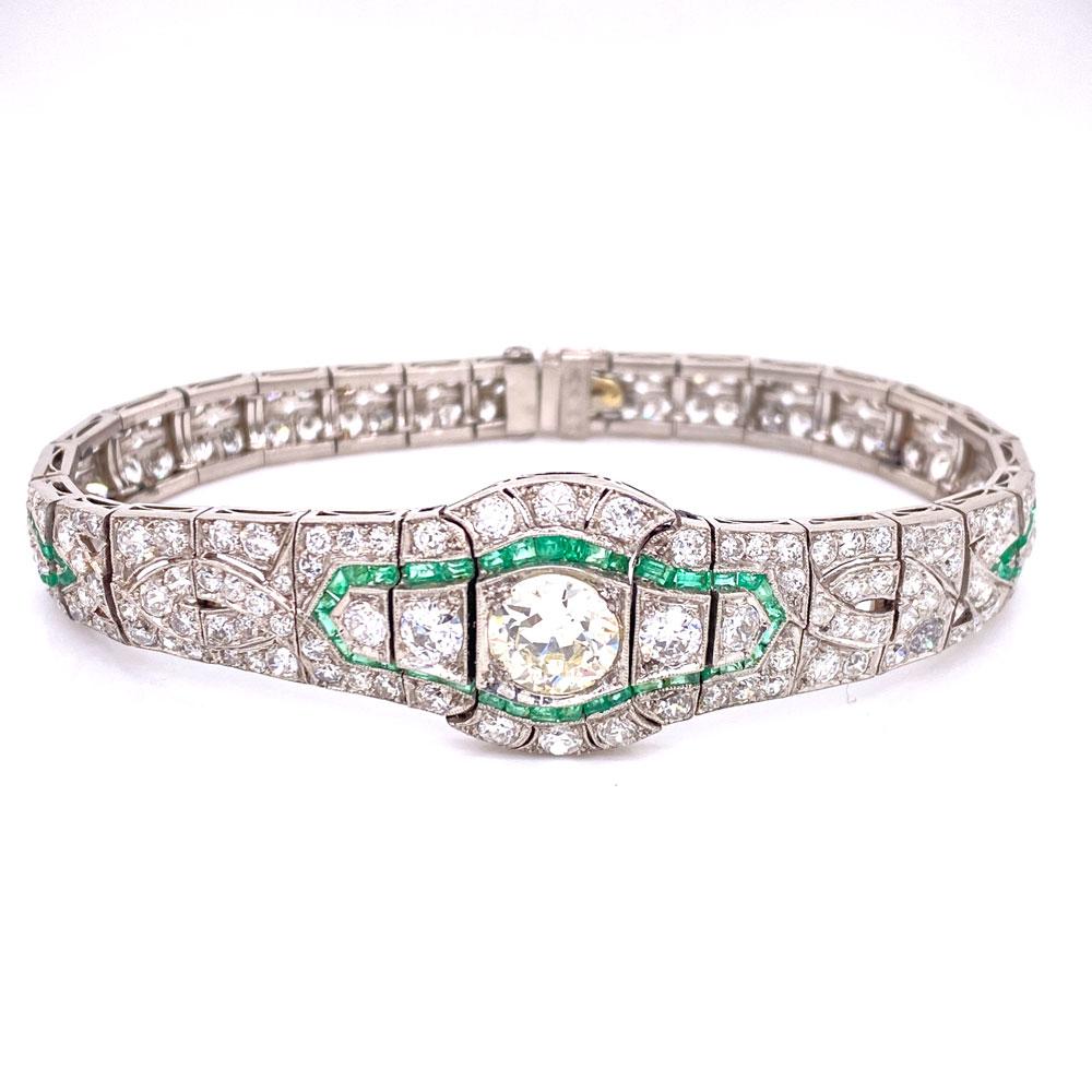 Old European Cut Art Deco Diamond Emerald Platinum Bracelet