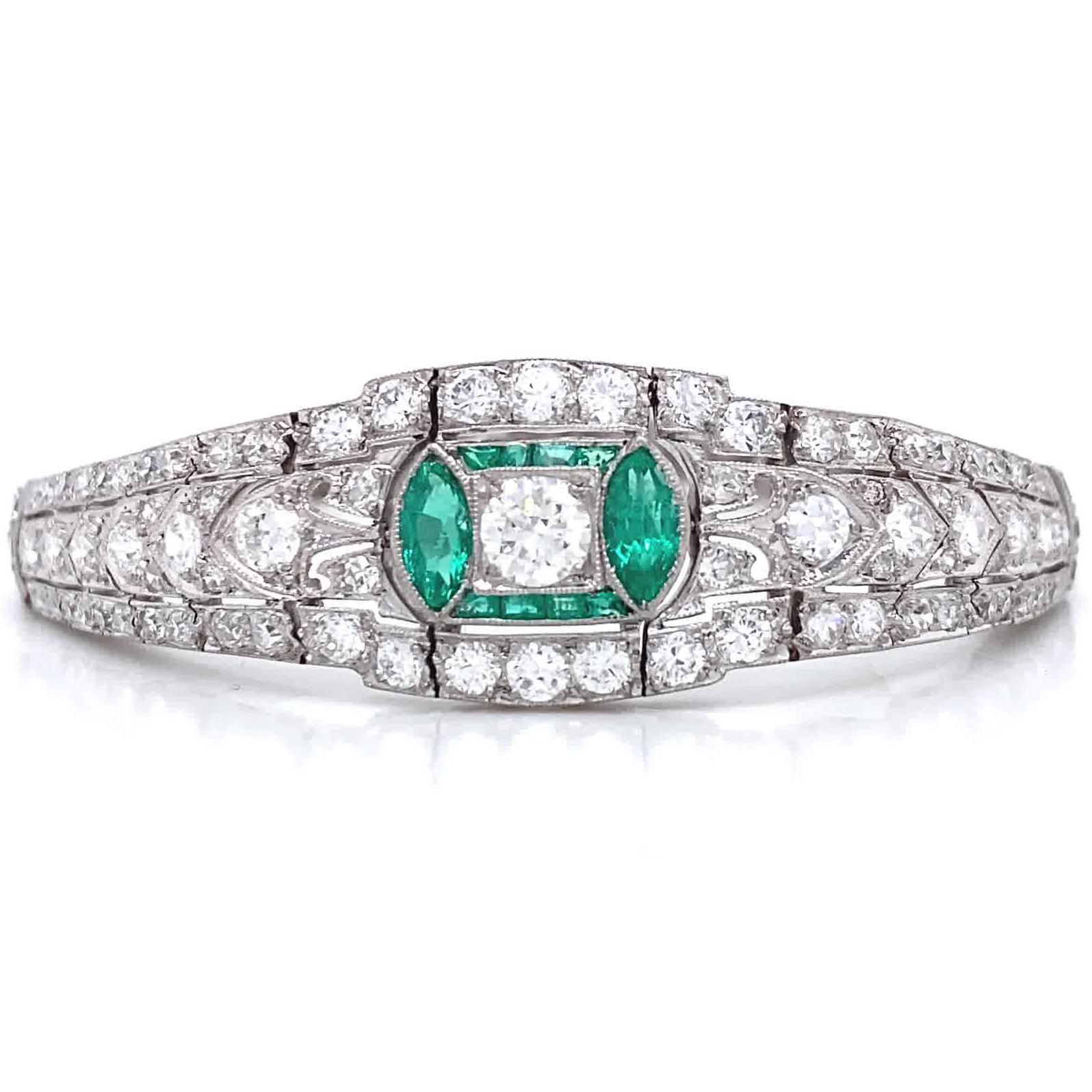 Round Cut Art Deco Diamond Emerald Platinum Bracelet