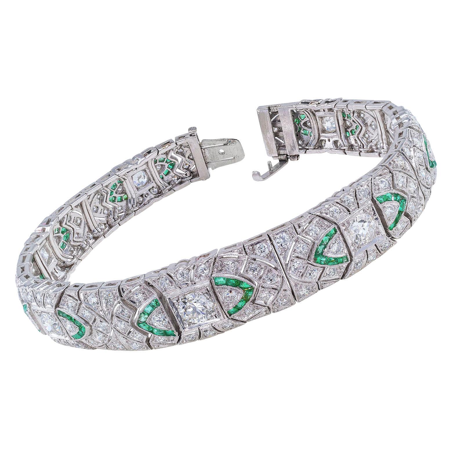 Women's Art Deco Diamond Emerald Platinum Bracelet