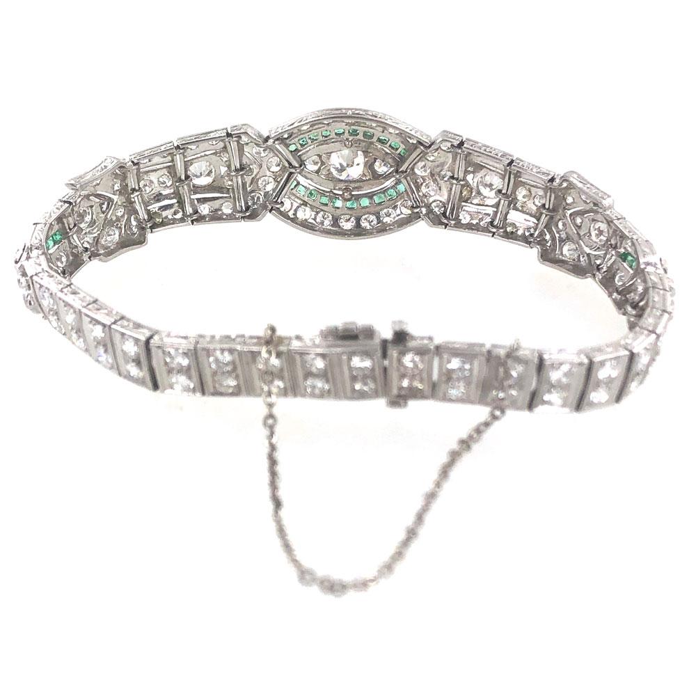 Art Deco Diamond Emerald Platinum Bracelet In Excellent Condition In Boca Raton, FL