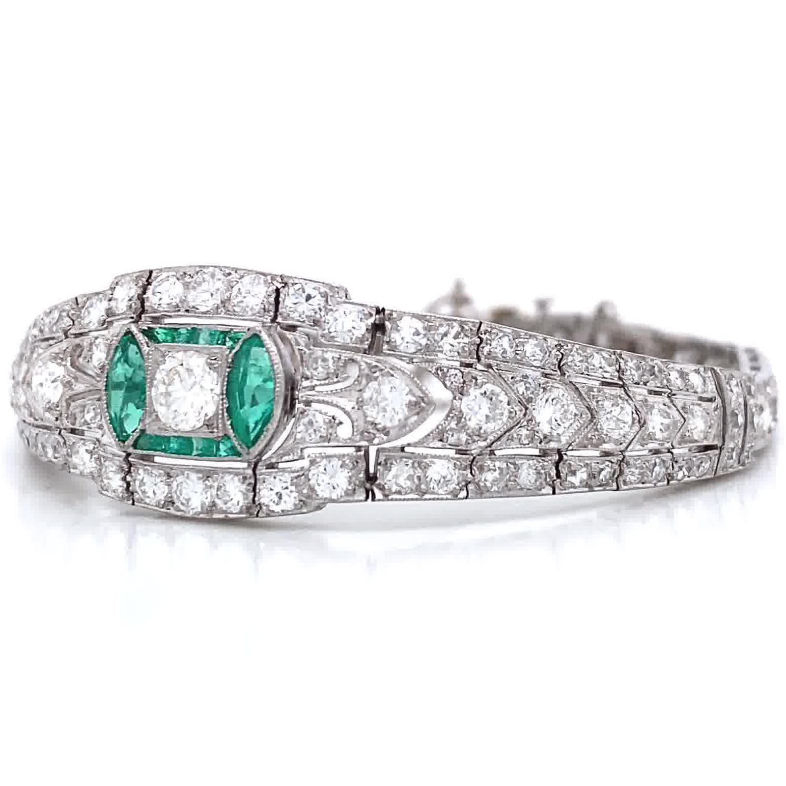Art Deco Diamond Emerald Platinum Bracelet In Excellent Condition In Beverly Hills, CA