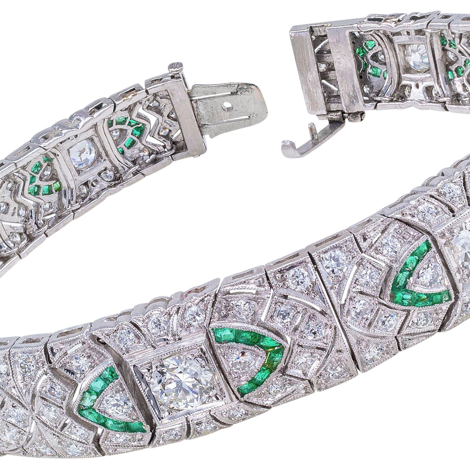 Art Deco Diamond Emerald Platinum Bracelet 1