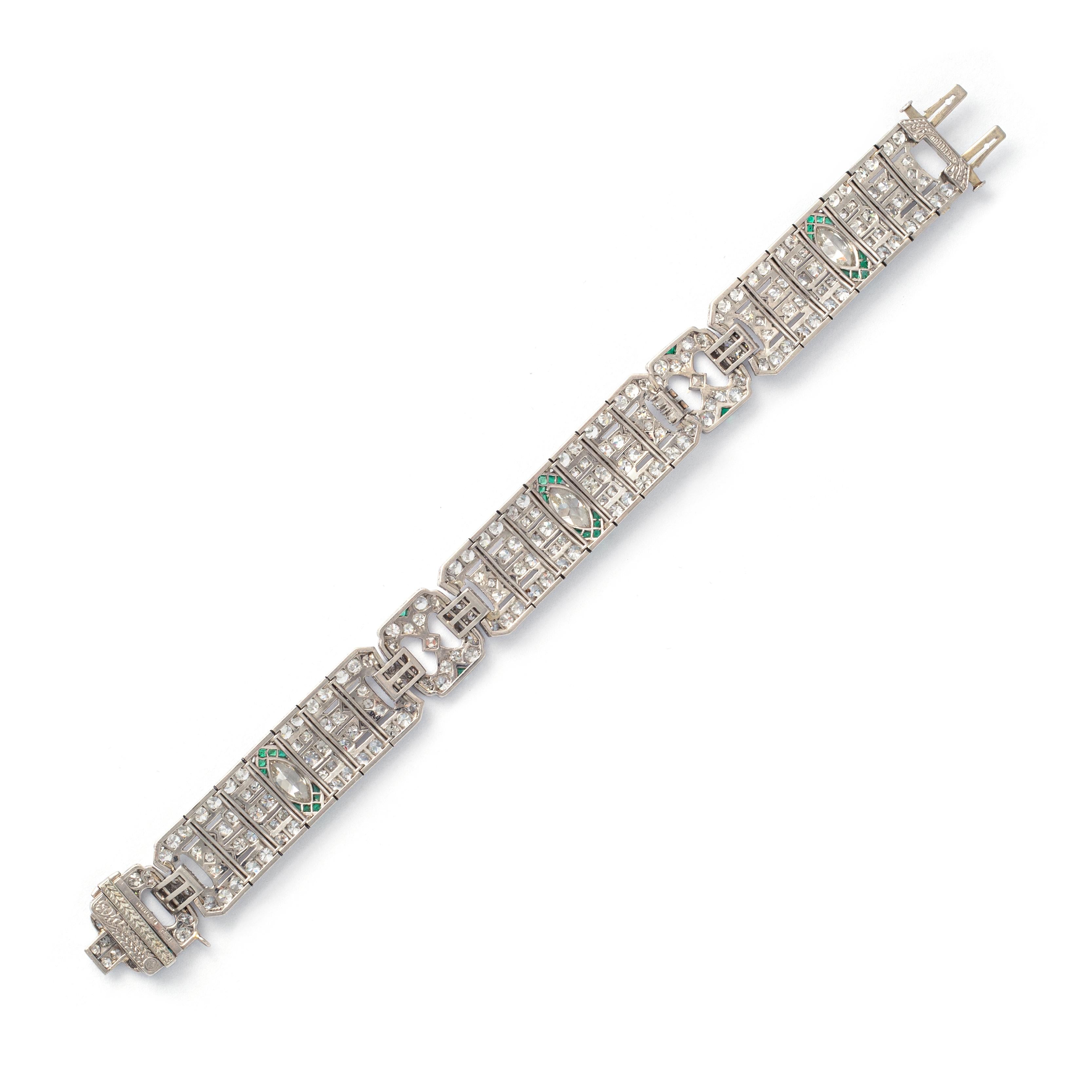 Women's or Men's Art Deco Diamond Emerald Platinum Bracelet