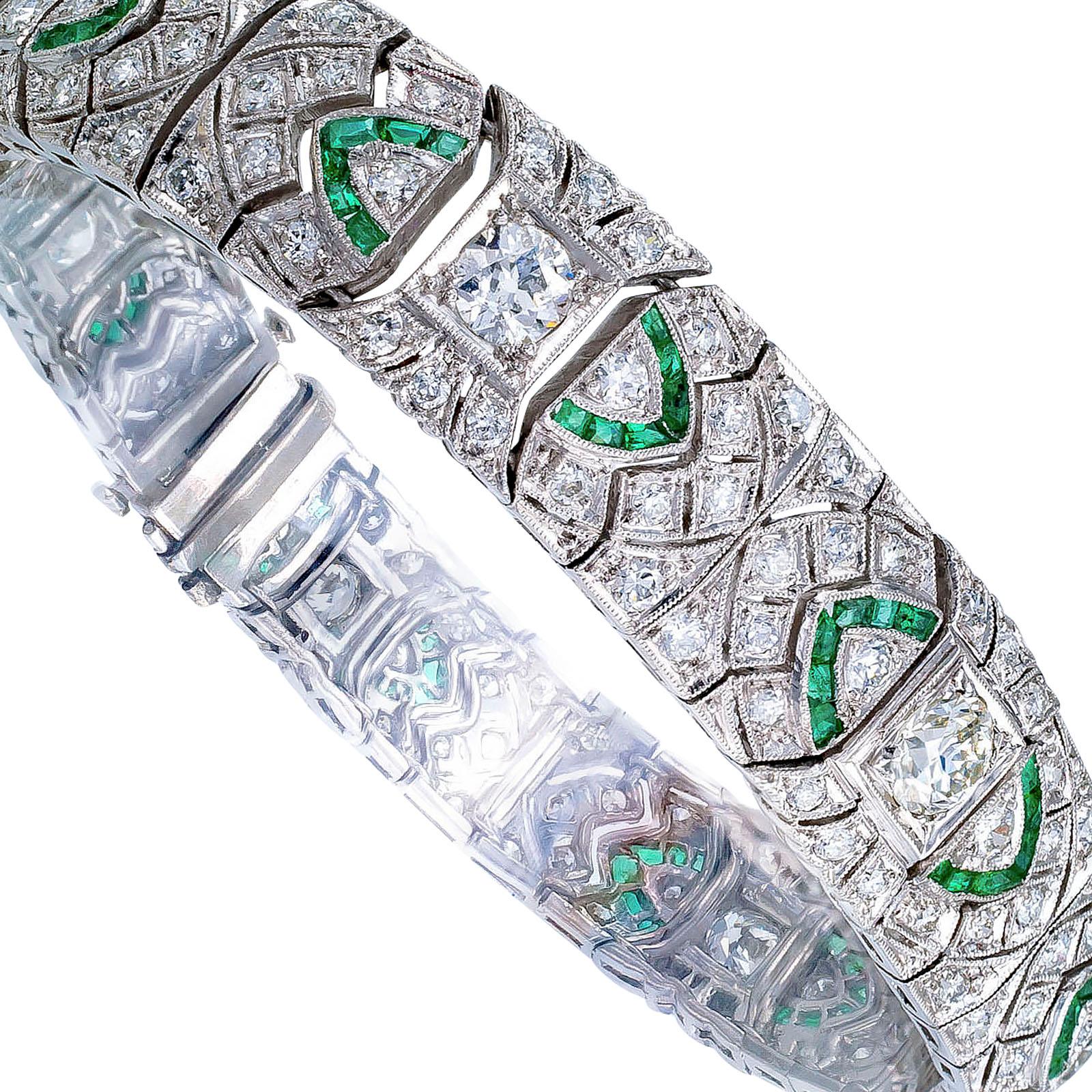 Art Deco Diamond Emerald Platinum Bracelet 2