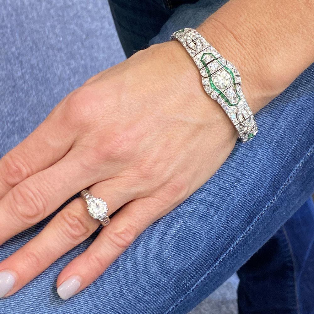 Art Deco Diamond Emerald Platinum Bracelet 4