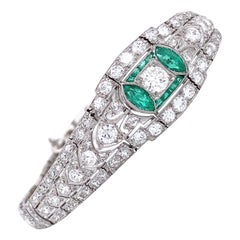 Art Deco Diamond Emerald Platinum Bracelet