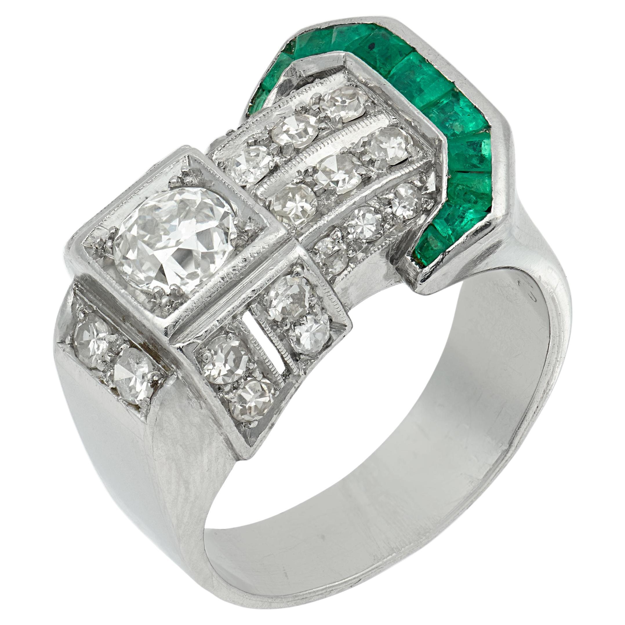 Art Deco 1930s Platinum Buckle Ring, Old European Diamond & Emerald
