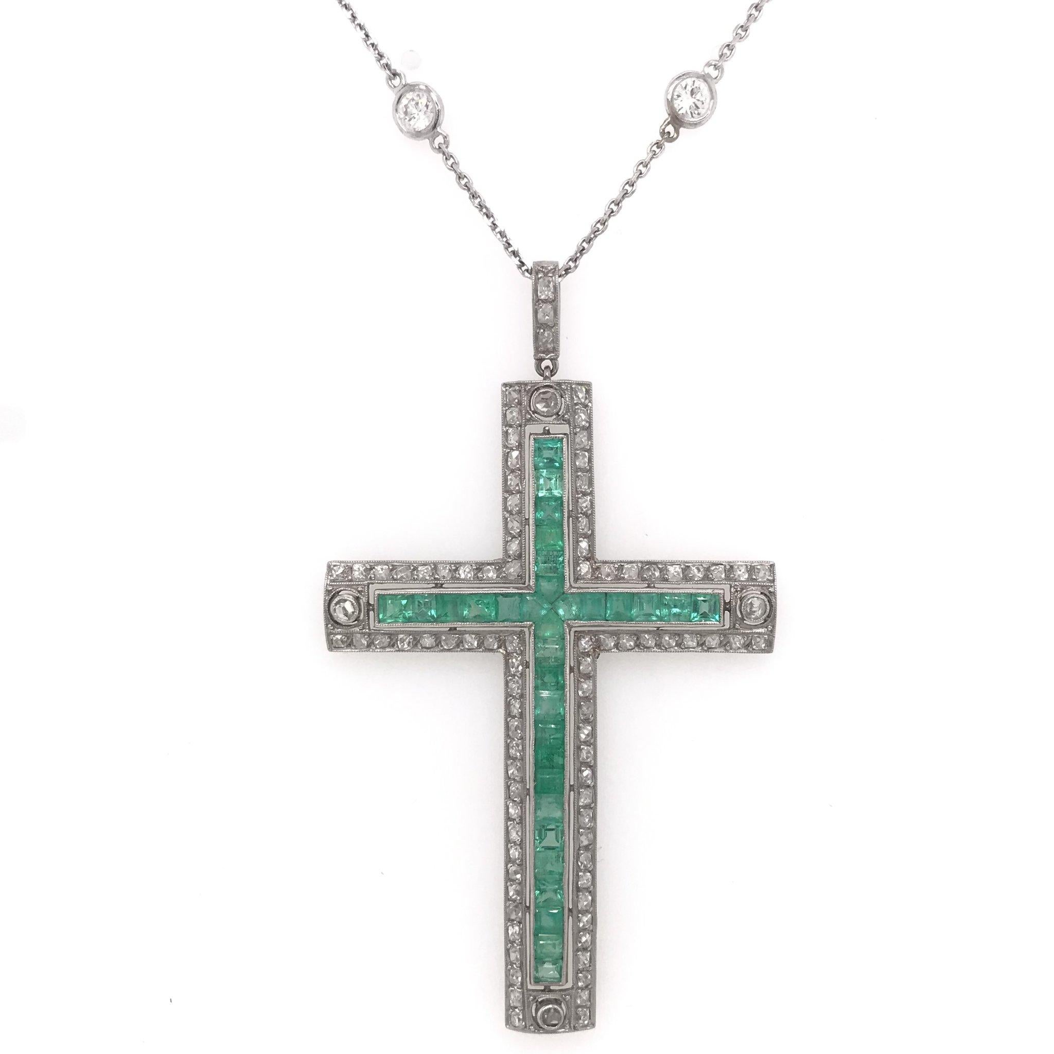 Women's Art Deco Diamond and Emerald Platinum Cross