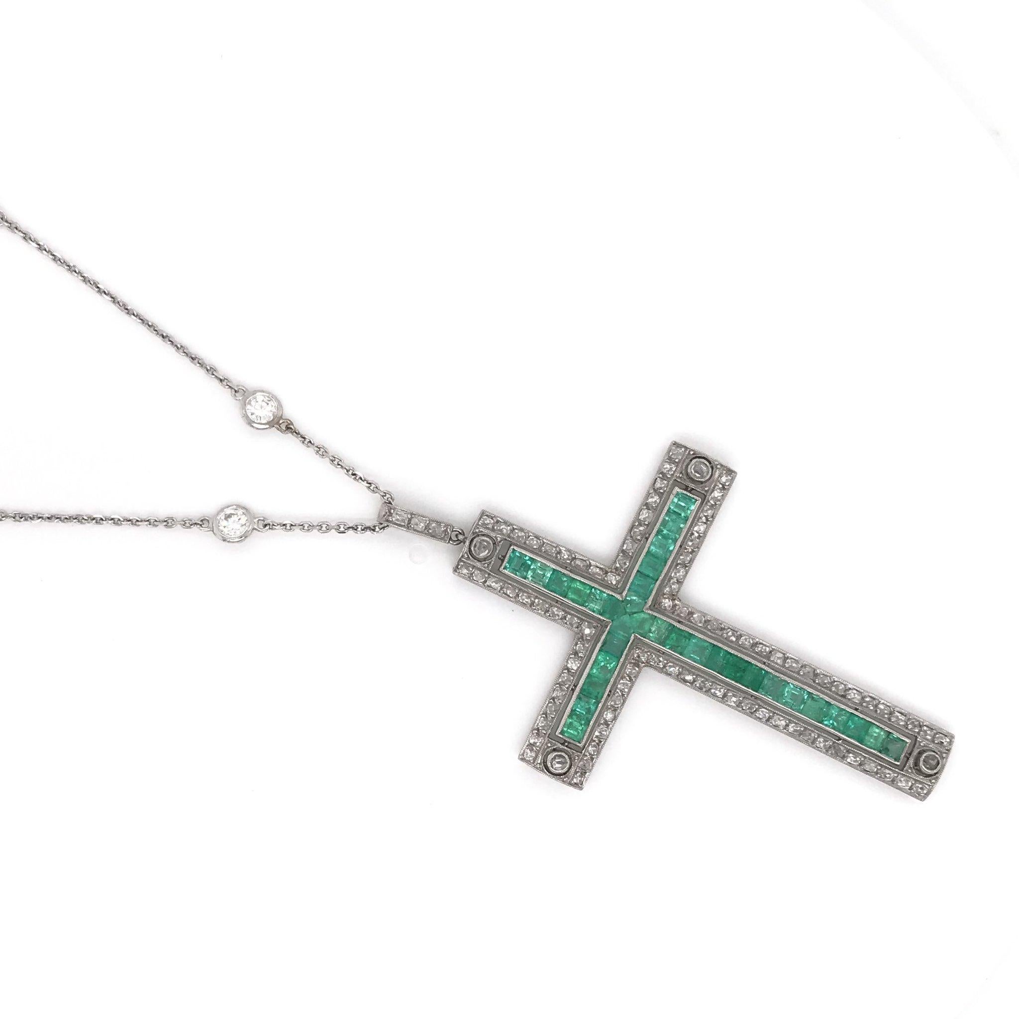 Art Deco Diamond and Emerald Platinum Cross 2