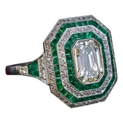 Art Deco Diamond Emerald Platinum Engagement Ring