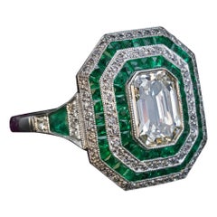 Art Deco Diamond Emerald Platinum Engagement Ring