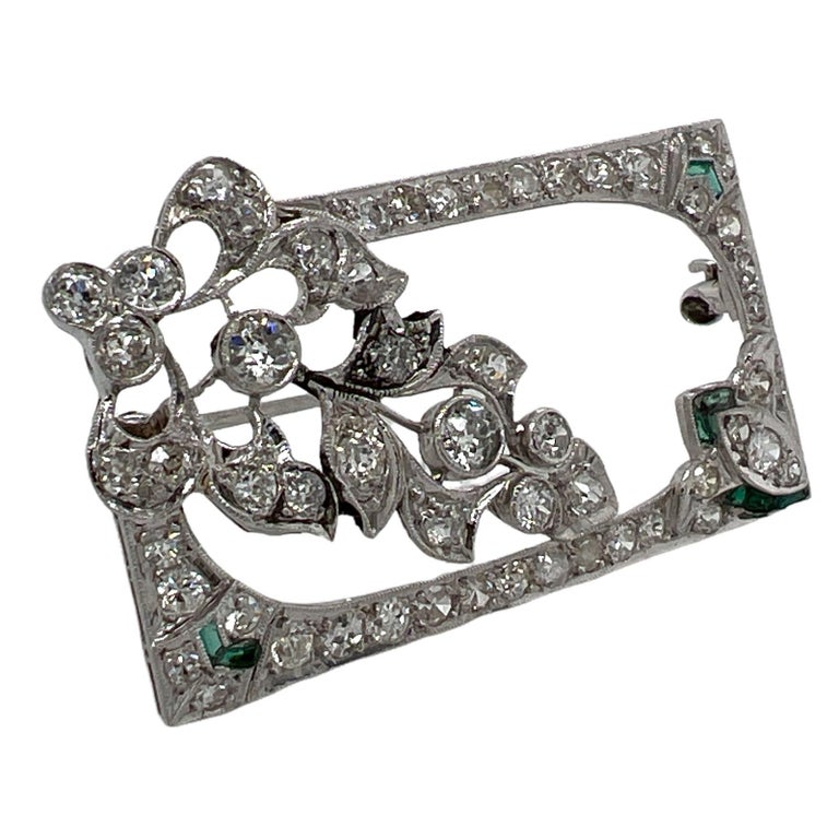 Old European Cut Art Deco Diamond Emerald Platinum Estate Rectangular Brooch Pin For Sale