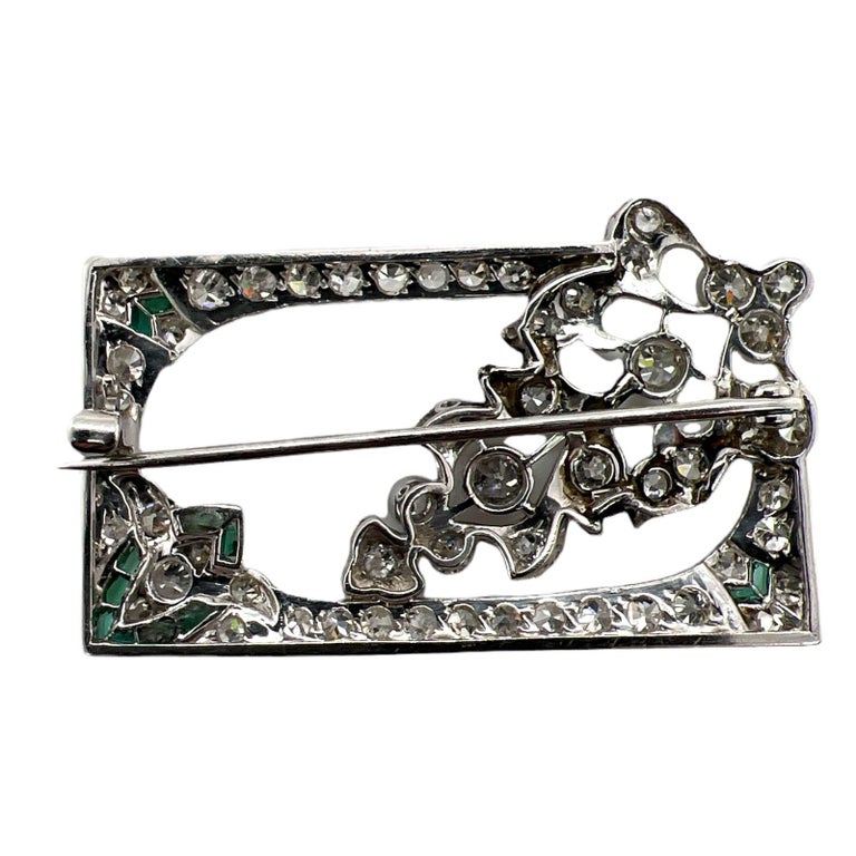 Art Deco Diamond Emerald Platinum Estate Rectangular Brooch Pin In Excellent Condition For Sale In Boca Raton, FL