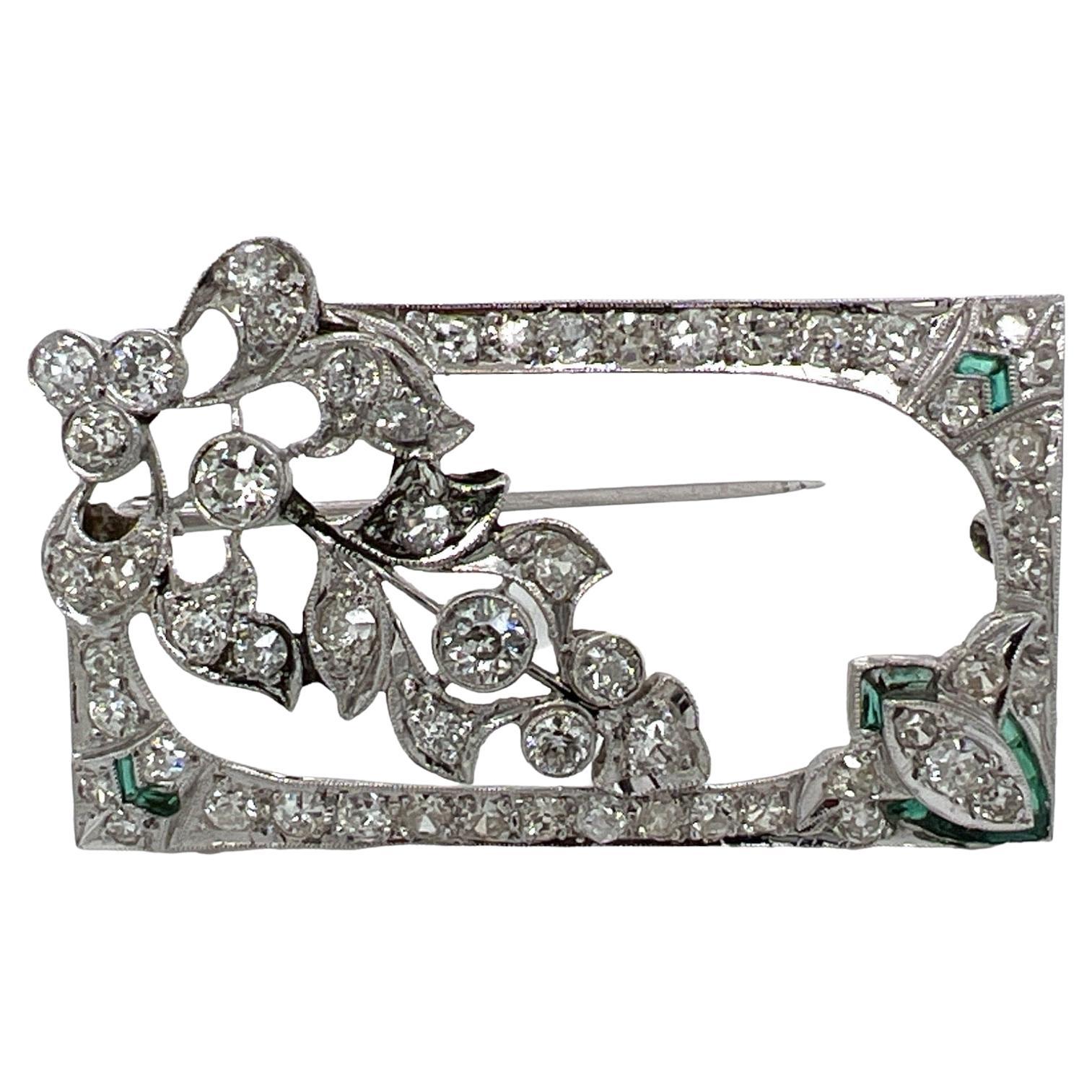 Art Deco Diamond Emerald Platinum Estate Rectangular Brooch Pin