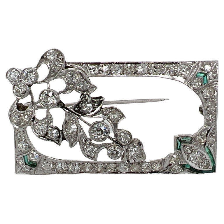 Art Deco Diamond Emerald Platinum Estate Rectangular Brooch Pin For Sale