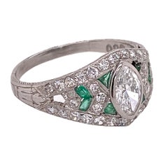 Art Deco Diamond Emerald Platinum Estate Ring