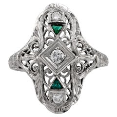 Art Deco Diamond Emerald Platinum Navette Ring