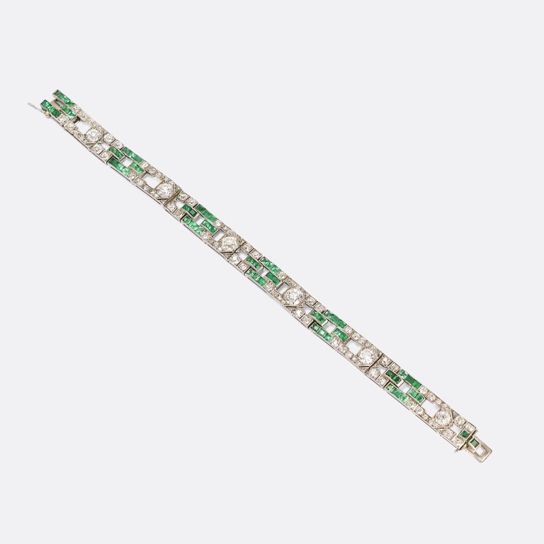 Old European Cut Art Deco Diamond & Emerald Platinum Panel Bracelet For Sale