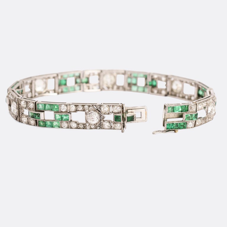 Art Deco Diamond & Emerald Platinum Panel Bracelet In Good Condition For Sale In Sale, Cheshire