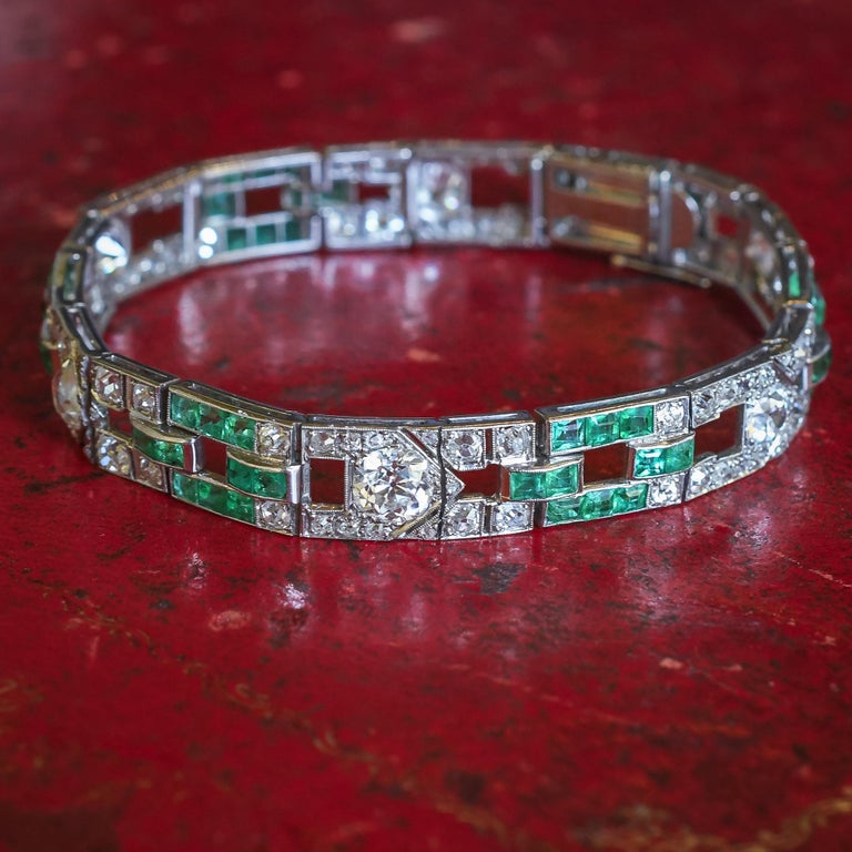 Art Deco Diamond & Emerald Platinum Panel Bracelet For Sale 2