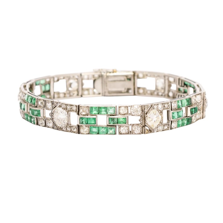 Art Deco Diamond & Emerald Platinum Panel Bracelet For Sale