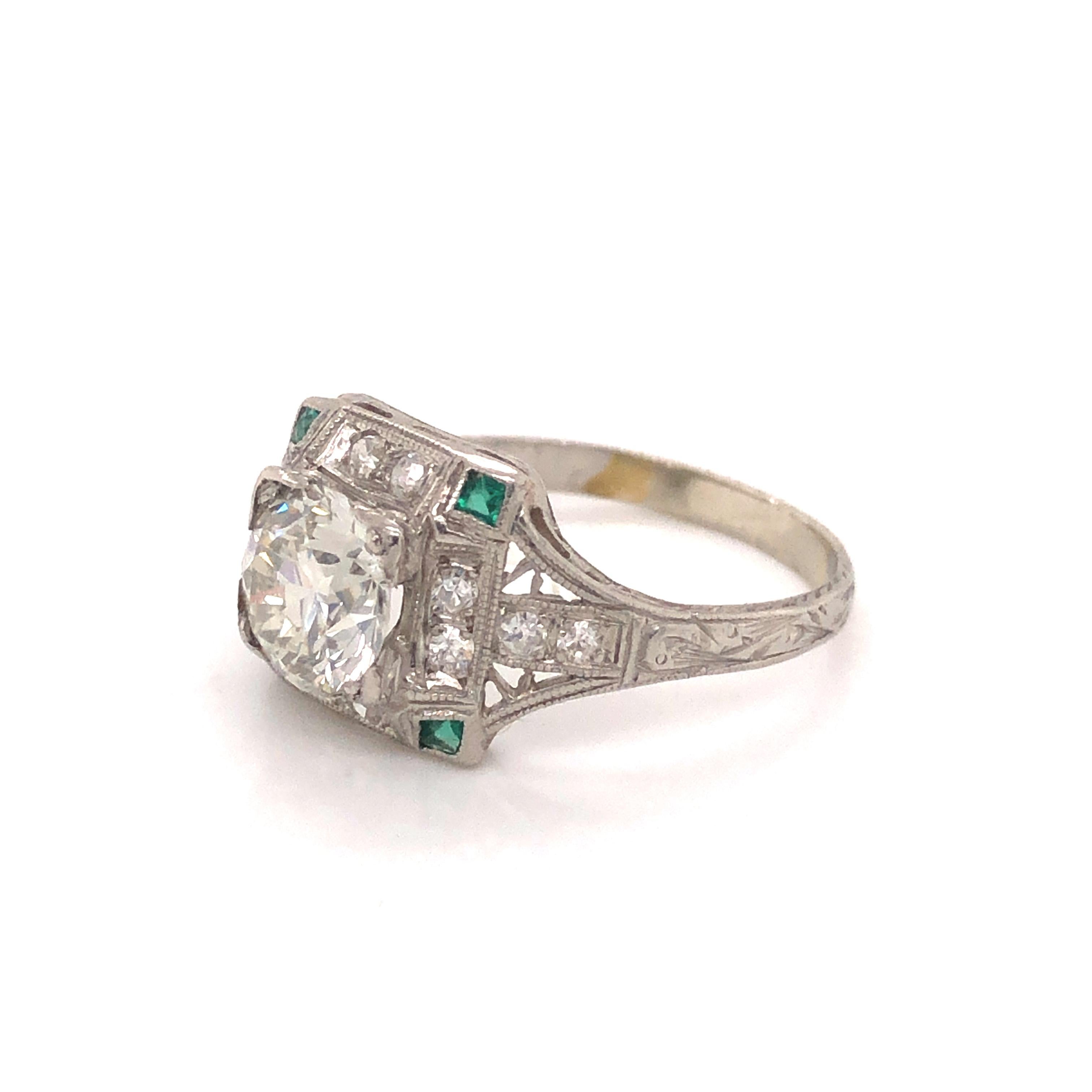 Old Mine Cut Art Deco Diamond and Emerald Platinum Ring 1.75 Carat