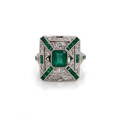 Art Deco Diamond Emerald Platinum Ring