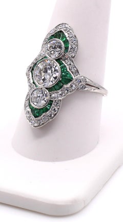 Art Deco Diamond Emerald Platinum Ring