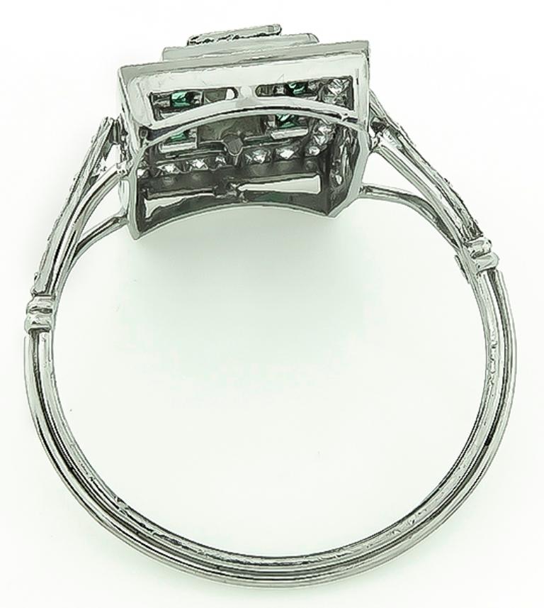 Emerald Cut Art Deco Diamond Emerald Platinum Ring