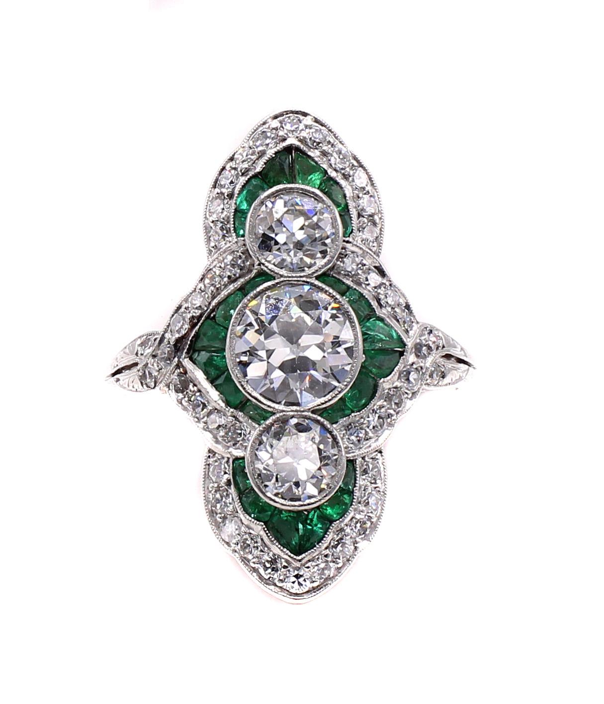 Old European Cut Art Deco Diamond Emerald Platinum Ring For Sale