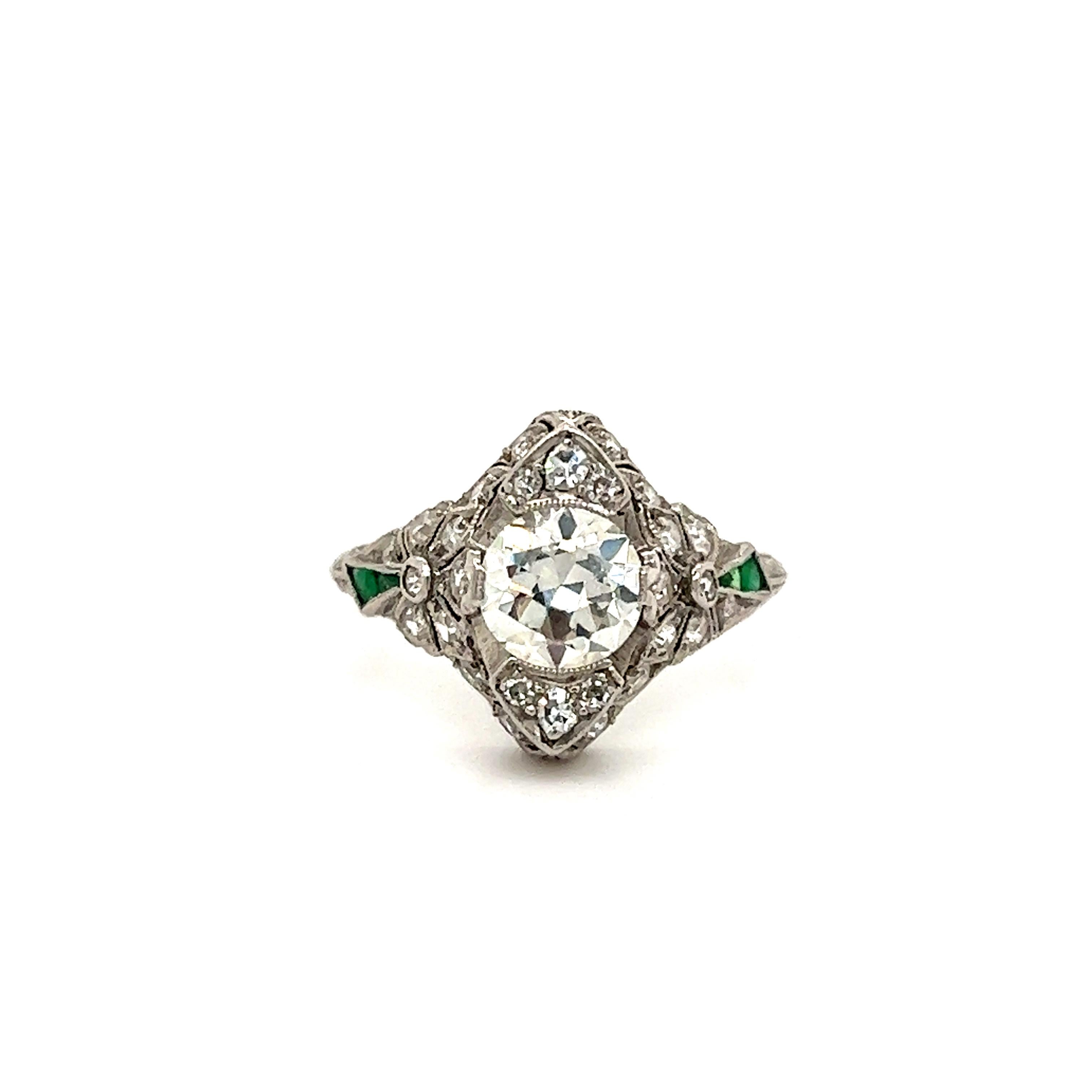Art Deco Diamond & Emerald Platinum Ring 1