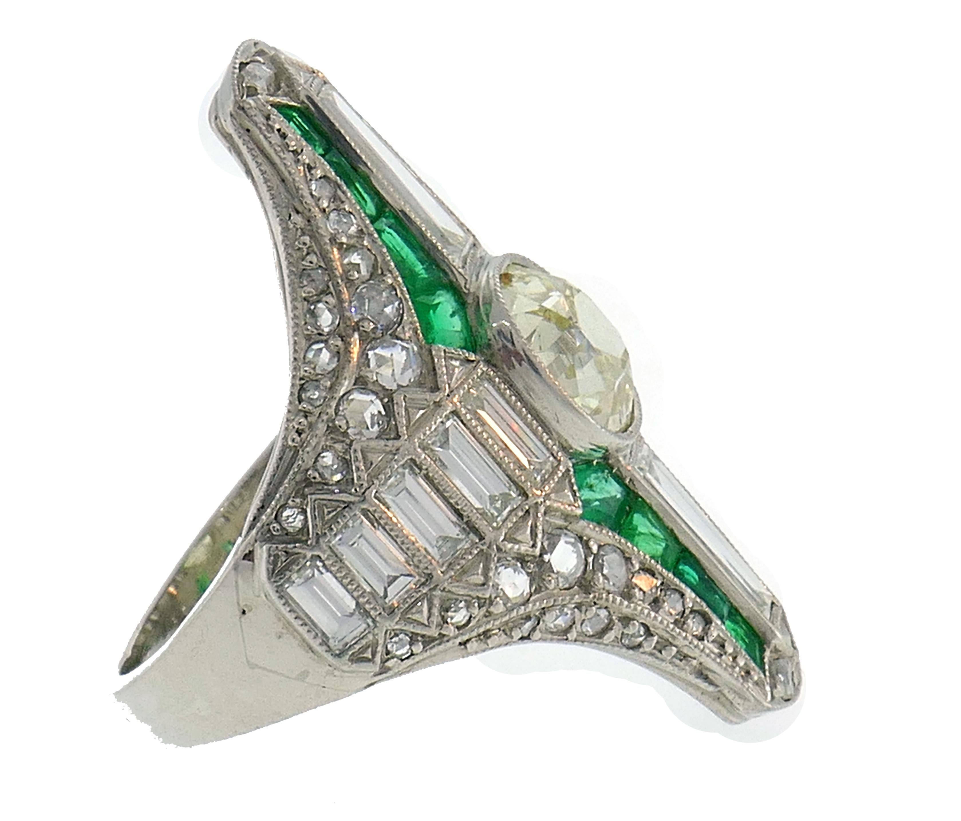 Mixed Cut Art Deco Diamond Emerald Platinum Ring For Sale