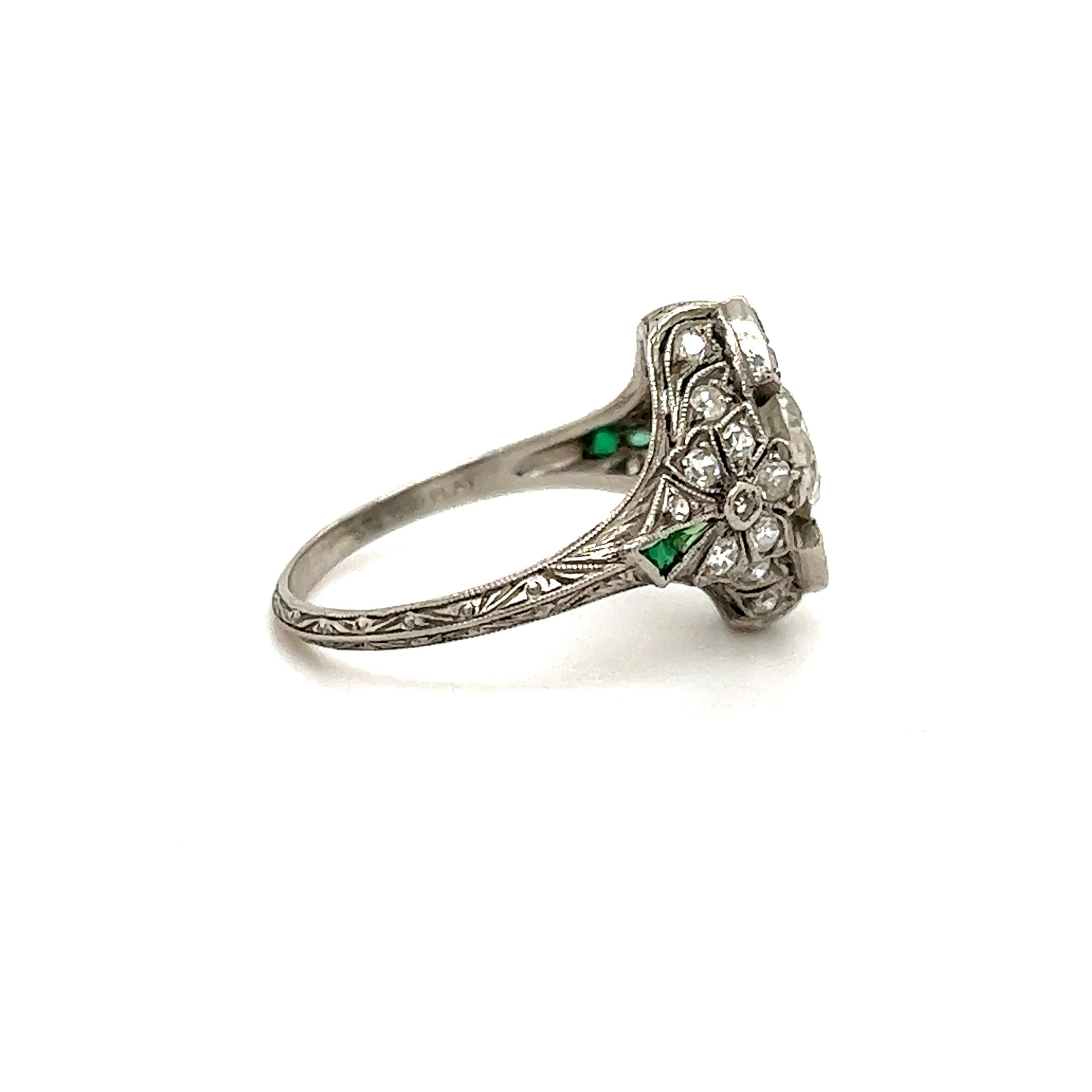 Round Cut Art Deco Diamond & Emerald Platinum Ring