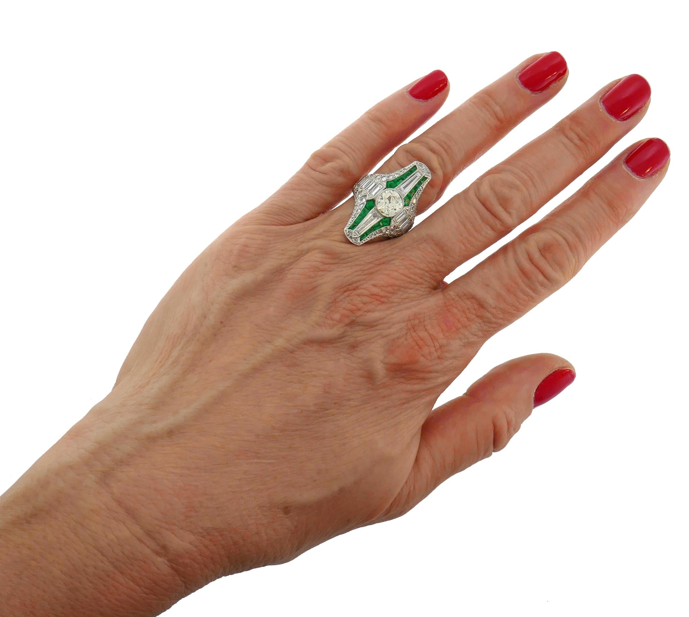 Art Deco Diamond Emerald Platinum Ring For Sale 1